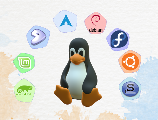 Linux distribution logos and Tux