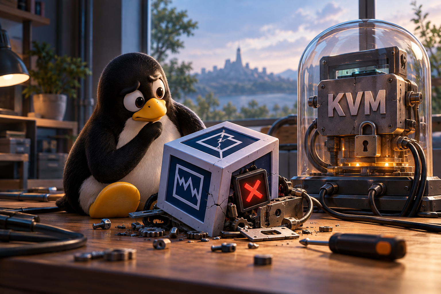 Confused penguin beside a virtual machine broken by a KVM conflict